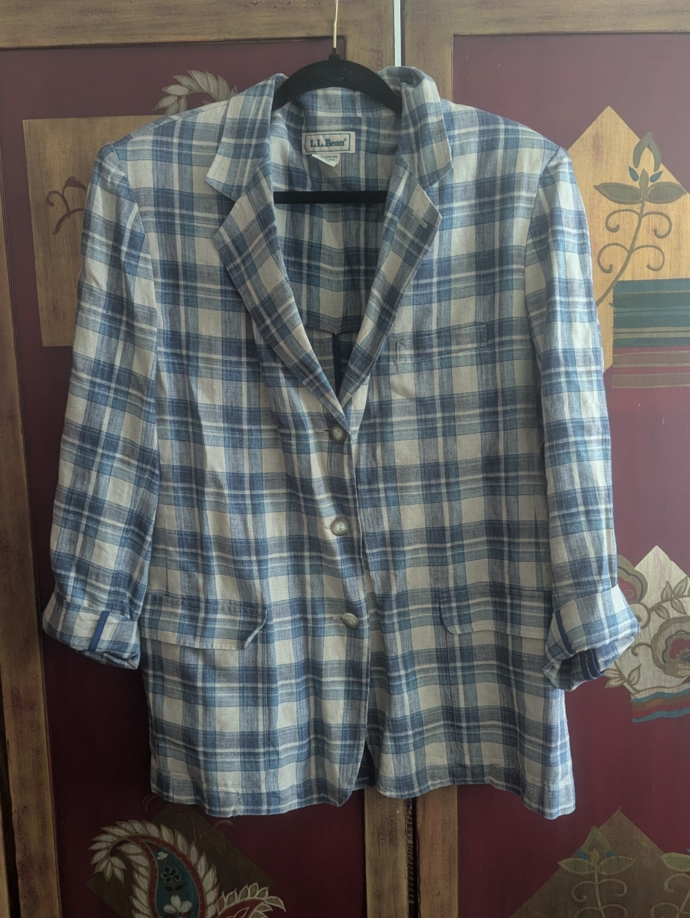 Vintage LL Bean Blazer Womens 12 Reg Plaid Linen Jacket Coastal Preppy Relaxed